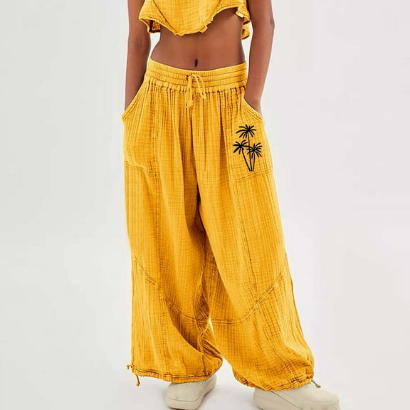 Women's Casual Pants Women'S Cargo Pants Baggy Wide Leg Pants Black Loose High Waist Sweatpants Multi Pockets,Yellow Women's Casual Pants S