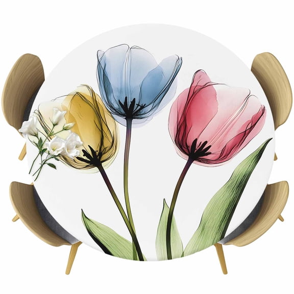 Red Yellow Blue Tulips Round Fitted Table Cover Transparent Floral Botanical Flower Waterproof Table Cloth with Elastic Edge Wipeable Tablecloth for Picnic Camping Party Fits 36"-44" Diameter