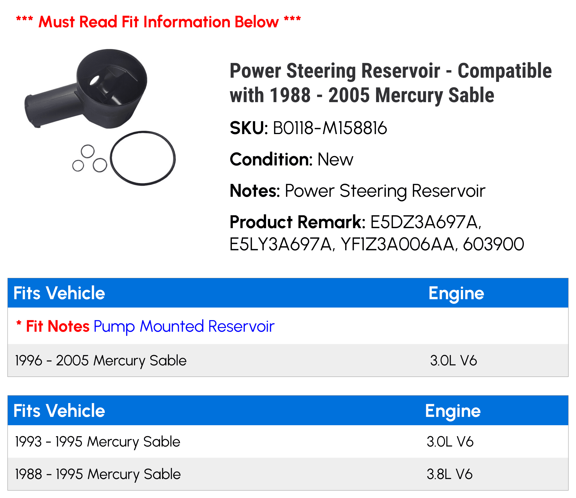Power Steering Reservoir - Compatible with 1988 - 2005 Mercury Sable 1989 1990 1991 1992 1993 1994 1995 1996 1997 1998 1999 2000 2001 2002 2003 2004