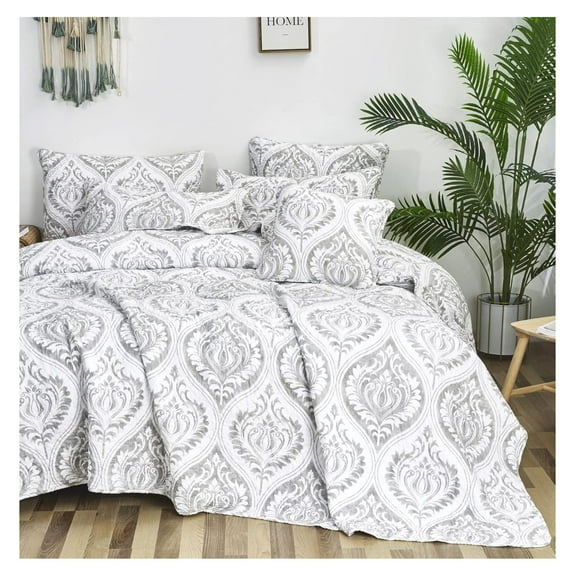 Tache Gray White Ogee Damask Quilt - Moon Sky Speckled Grey Modern Victorian Reversible Pattern Quilted Coverlet - 3 Pieces - Queen
