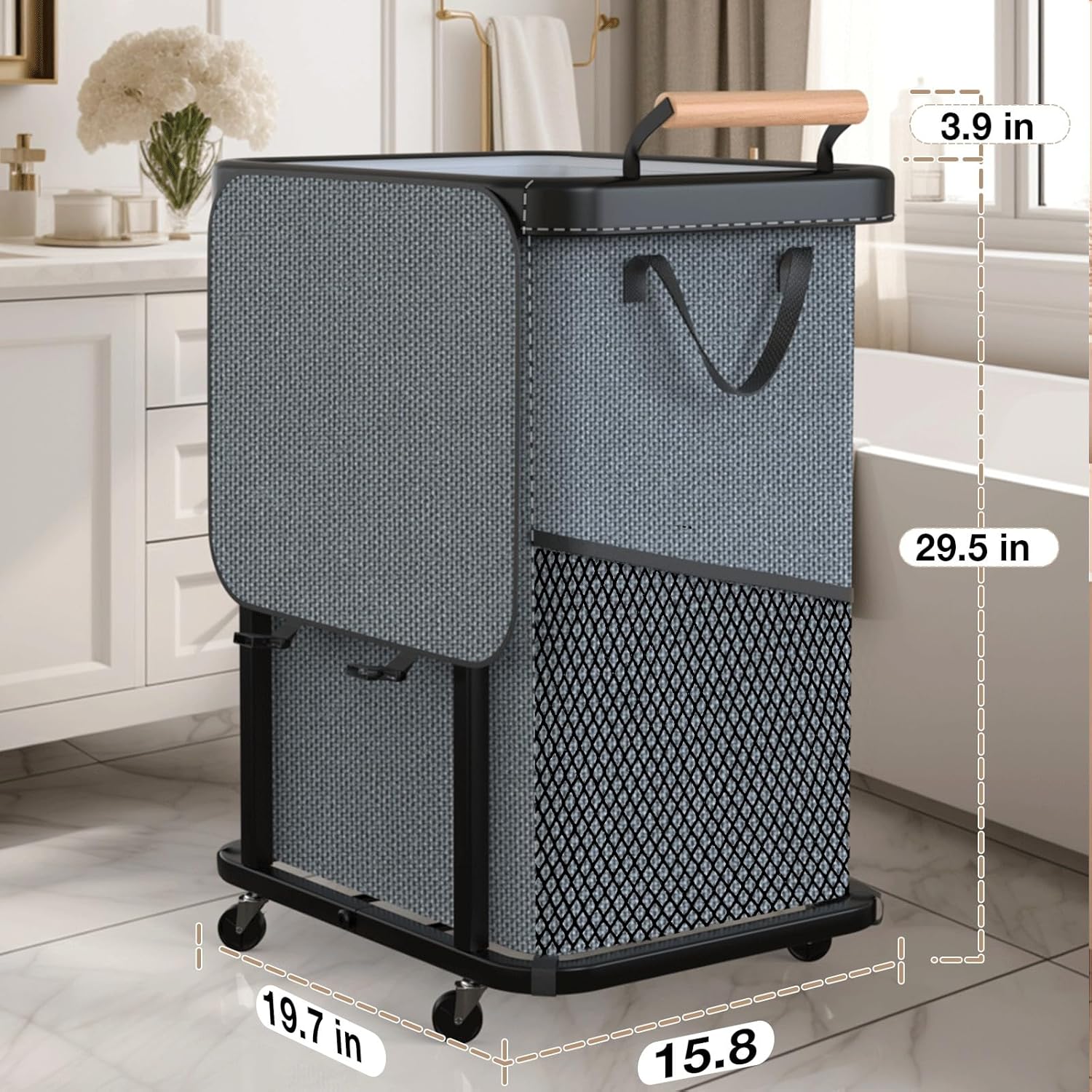 60 Gal (230L) Laundry Hamper 3 Section with Lid, Leather Patchwork Laundry Sorter with Rolling Lockable Wheels and Handle, Laundry Basket Organizer for Laundry Room, Bedroom and Bathroom - Gray
