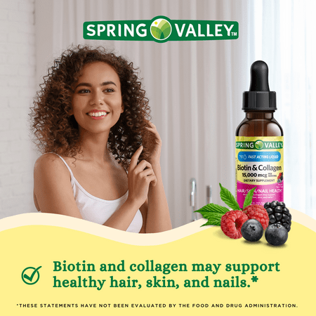 Spring Valley Biotin & Collagen, 15,000 mcg Fast Acting Liquid Supplement, 2 fl oz