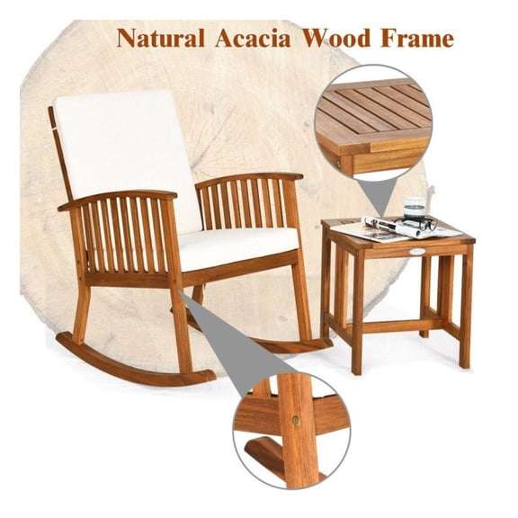 Acacia Wood Rocking Chair Set, 2 Piece Patio Furniture Outdoor Rocker Chairs with Table, Ergonomic Design, 360lbs Capacity