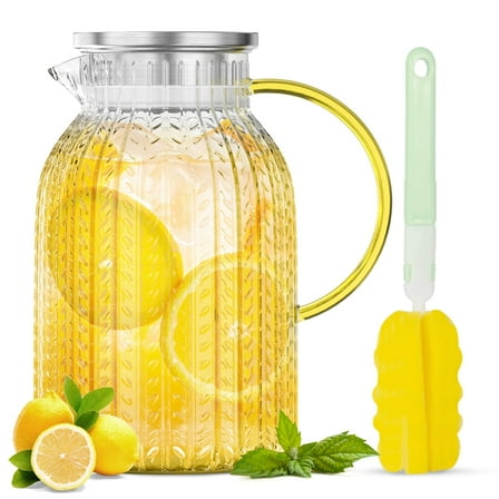 GPED 64 oz Glass Pitcher, Water Pitcher with Lid and Spout, 1.8L Glass Carafe for Fridge, Thickened Borosilicate Iced Juice Jugs for Cold and Hot Beverage, Easy Clean Heat Resistant Glass Jug
