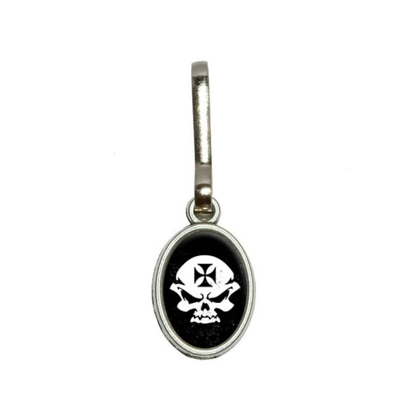 Iron Maltese Cross Biker Skull Oval Zipper Pull