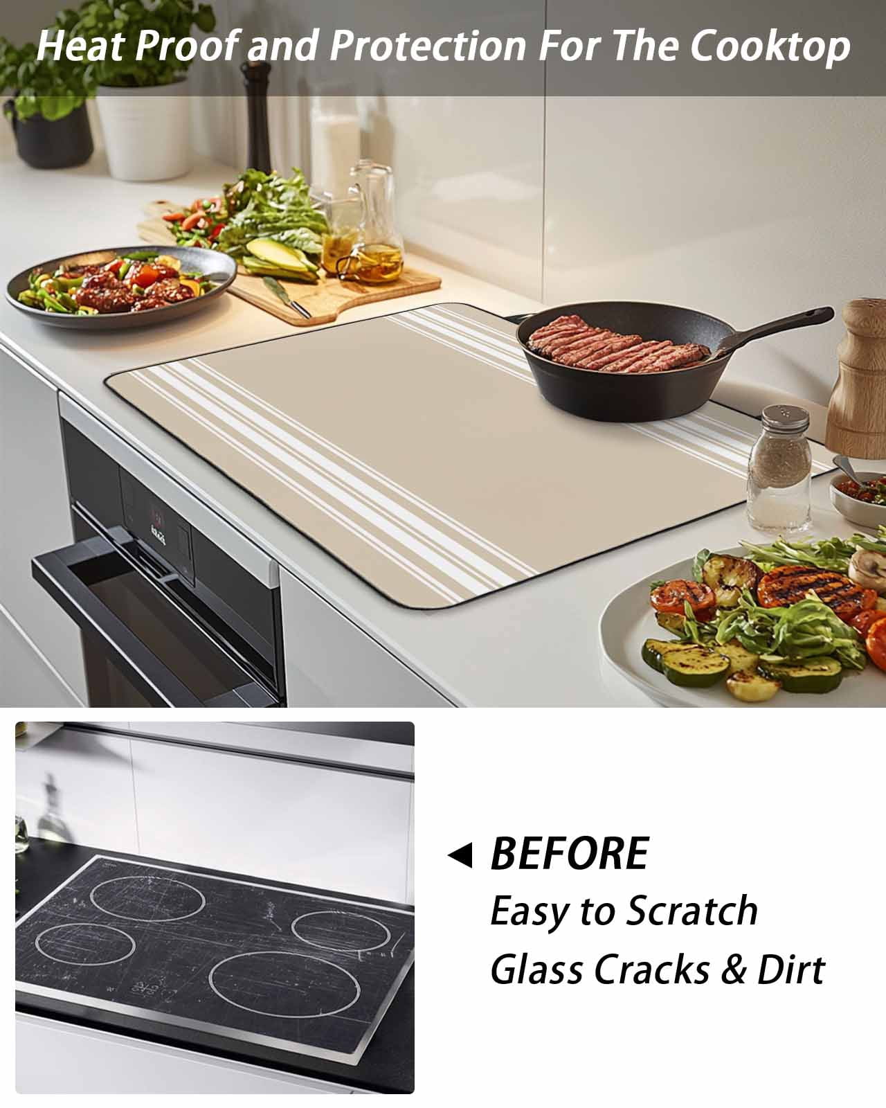 Stove Top Covers for Electric Stove,Beige Striped Glass Stovetop Cover Protector,Farmhouse Luxurious White Stripes Modern Abstract Art Cooktop Protector Oven Mat for Kitchen Countertop 28.5"x20.5"