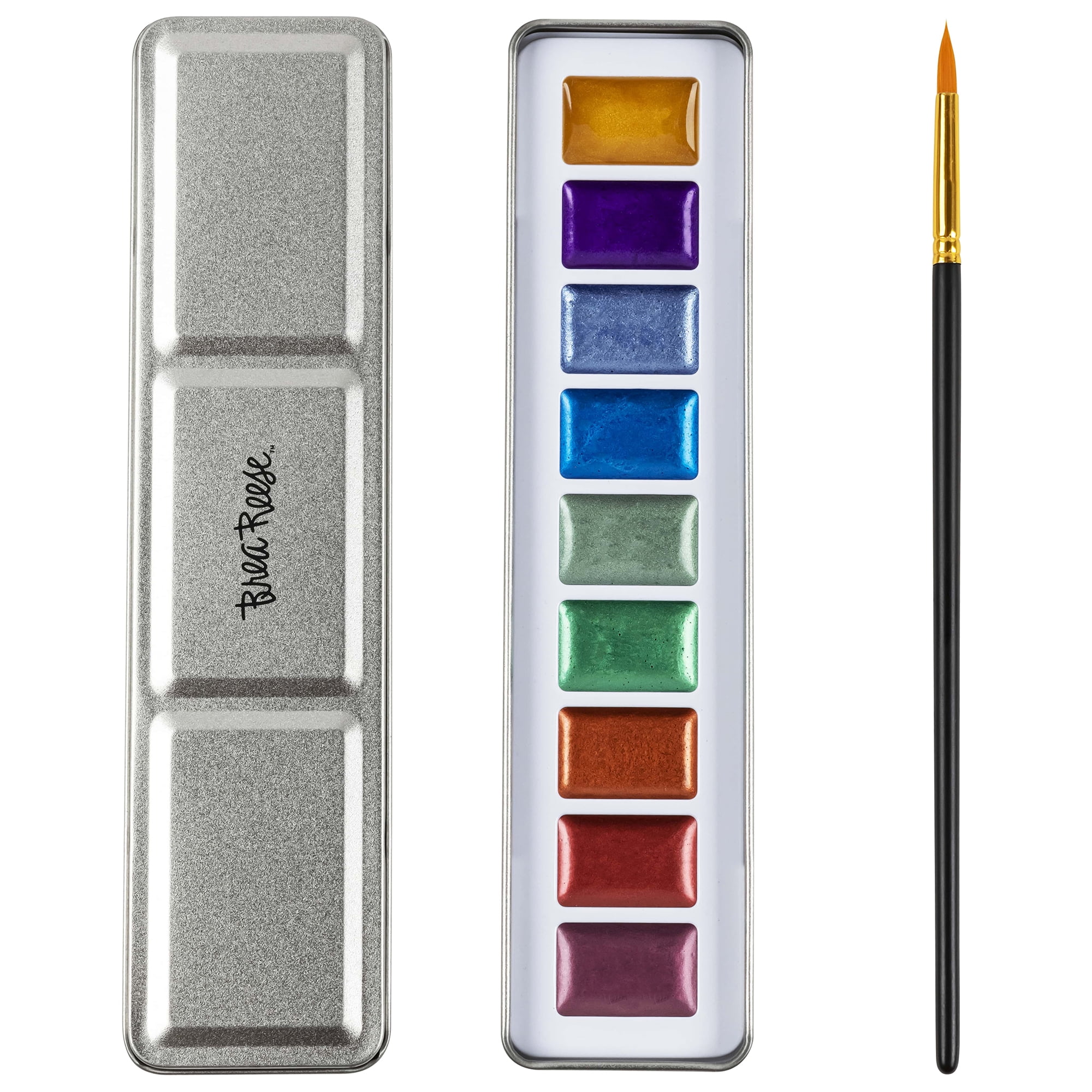 Brea Reese: Watercolor Paint Set - Metallic - 9pc Shimmering Colors, Gold Taklon Painting Brush & Compact Portable Tin, Blend-able, Adult Art Supplies
