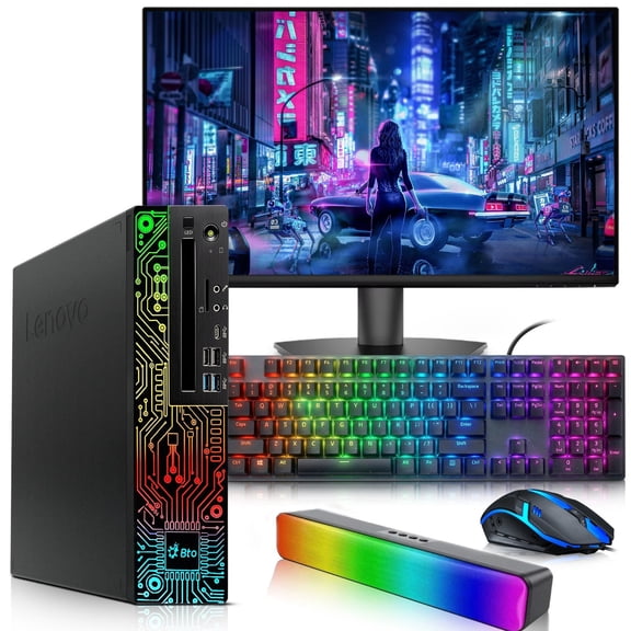 Restored Lenovo RGB Desktop PC SFF  Intel Core i5-8500  16GB DDR4 RAM  256GB SSD  500GB HDD  GeForce GTX 1030  24" Monitor  RGB KB&M  RGB SoundBar  WiFi  Gaming Computer  Windows 11 Pro (Refurbished)