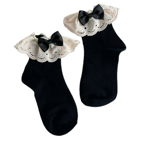 

HOTYA Women Girls Lolita Sweet Bow Crew Socks Royal Style Embroidery Floral Lace Ruffled Harajuku Kawaii Student Ankle Hosiery