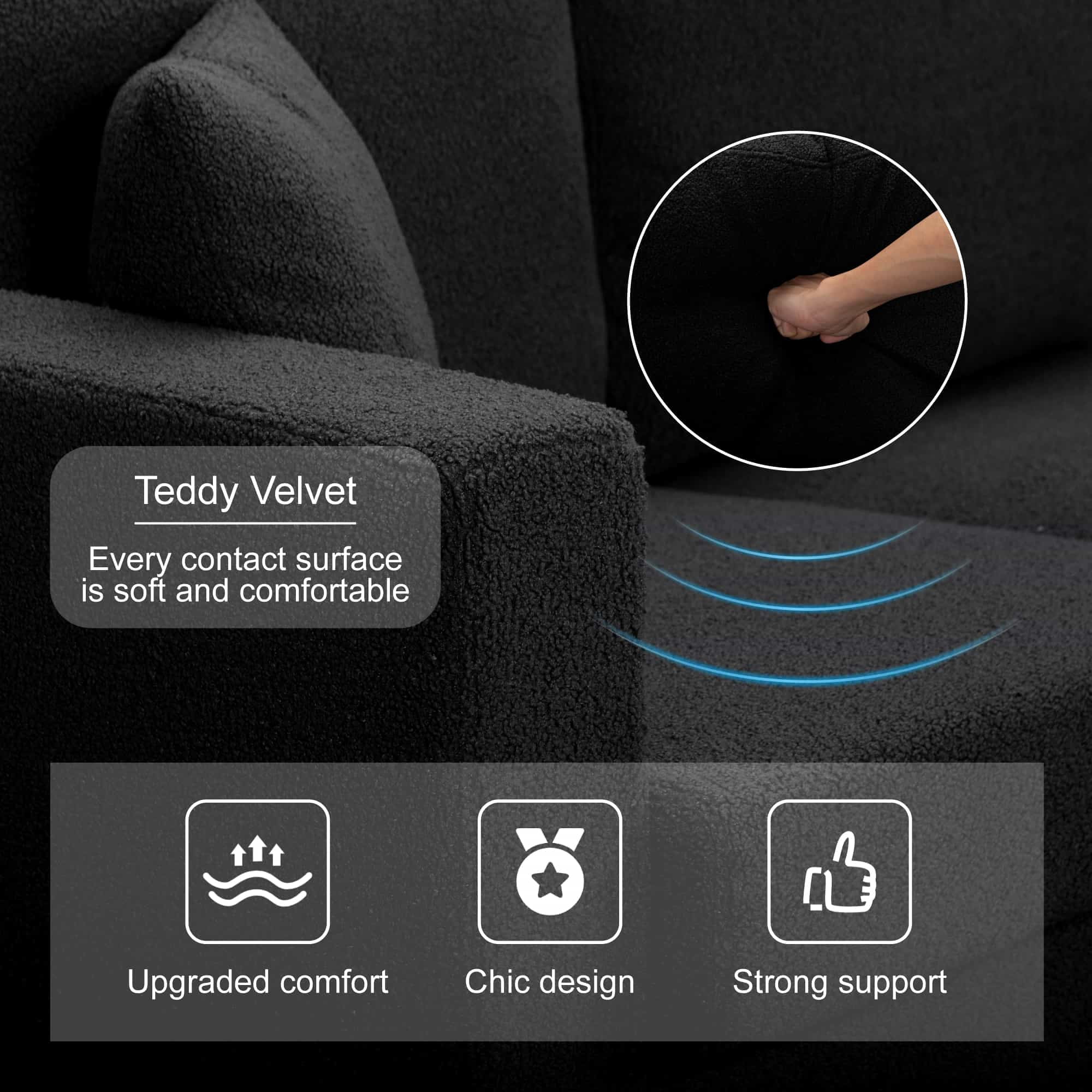 BSHTI 86.6 inch Modern Style Teddy Fabric Sofa with 2 Pillows,Featuring Extra-Wide Deep Sofa,Suitable for Living Room,Bedroom,Office Black