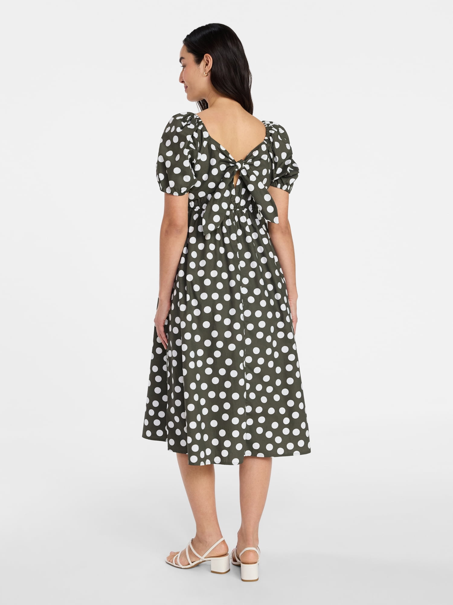 Time and Tru Women's and Women's Plus Cotton Back Tie Midi Dress with Short Puff Sleeves, Sizes XS-4X