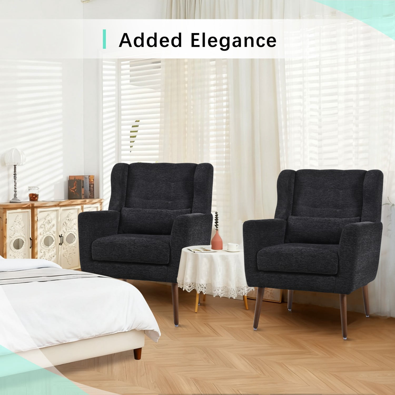 Modern Chenille Accent Chair with Pillow, Upholstered Armchair with Solid Wood Legs, Ergonomic Lounge Chair for Living Room, Bedroom, Reading Room, Small Space, Black