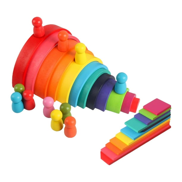 Juguete de apilamiento de arco iris de madera, rompecabezas de