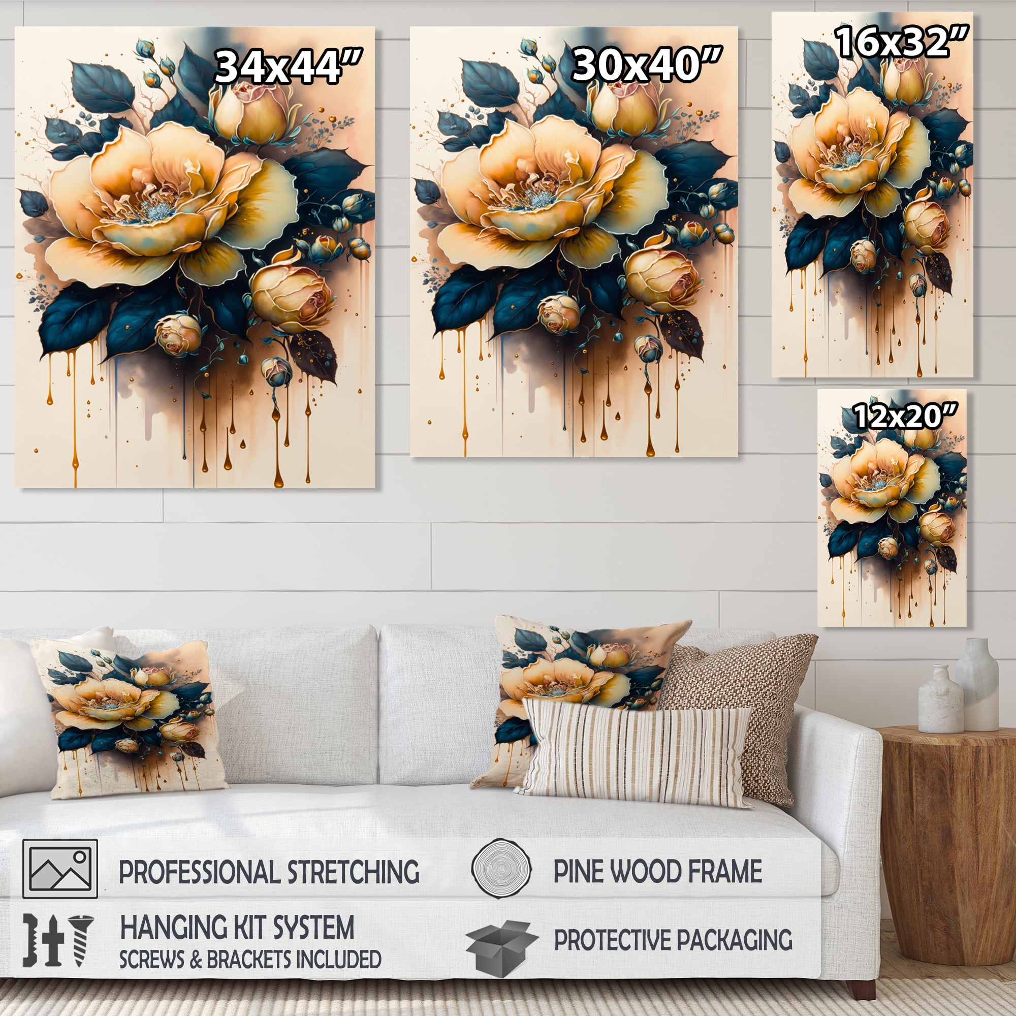 Designart Yellow And Blue Roses III Canvas Wall Art