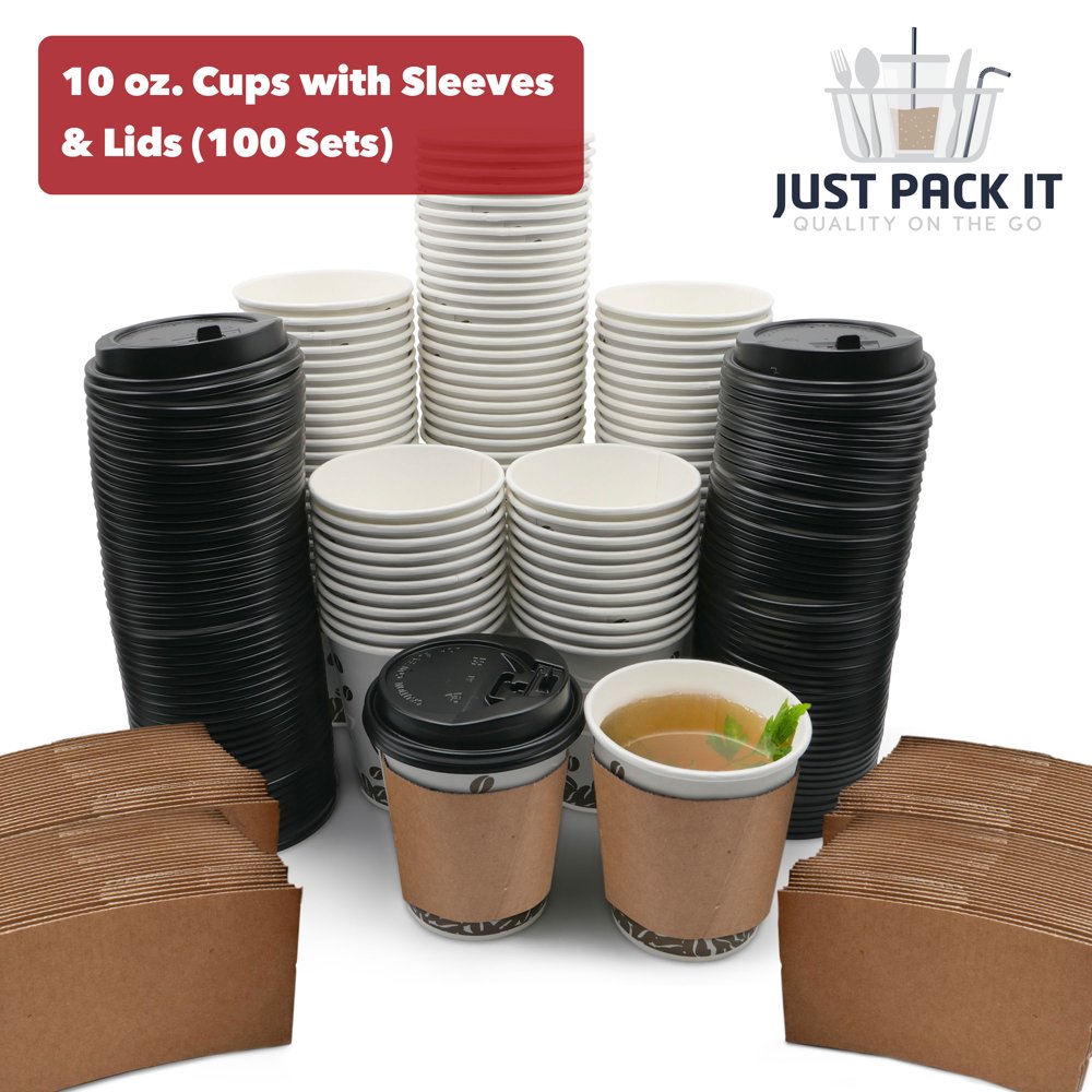 [100 Sets 10 oz. With Lids and Sleeves] PREMIUM Paper Hot Coffee Cups