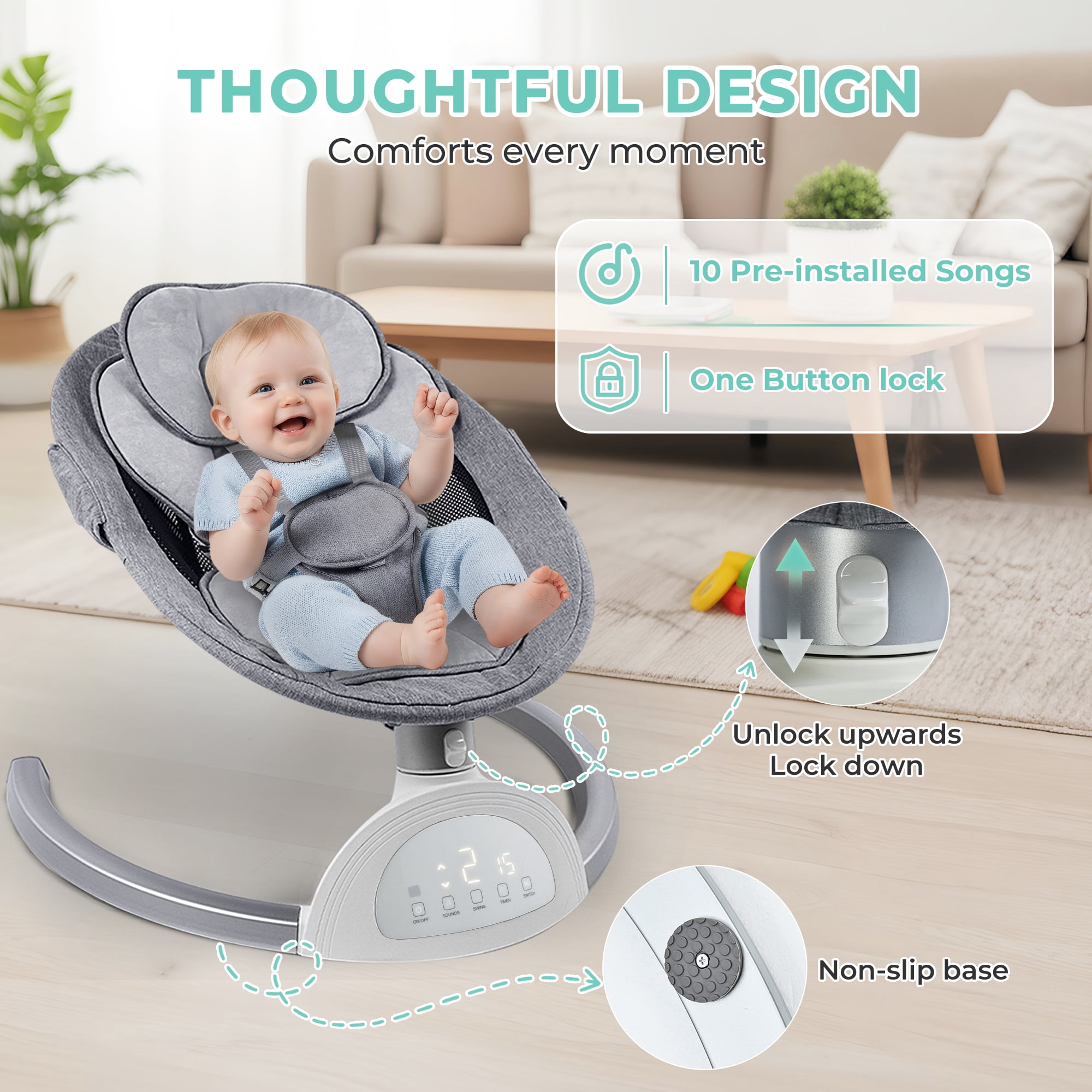 Baby Swing for Infant, HDJ Portable Electric Baby Swing with Music Playing, Touch Screen, Remote Bluetooth Control, Grey