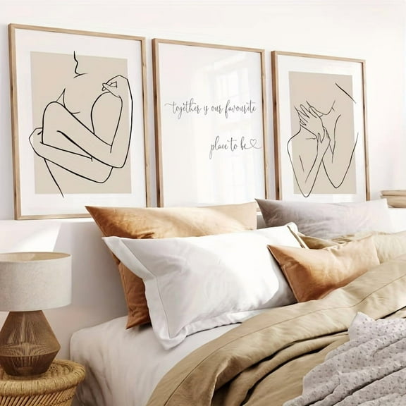 3 Pieces Beige One Line Drawing Couple Canvas Prints - Modern Wall Art: Together Is Our Favourite Place To Be - Trendy Apartment Bedroom Decoration - Christmas Day Gifts - Unframed