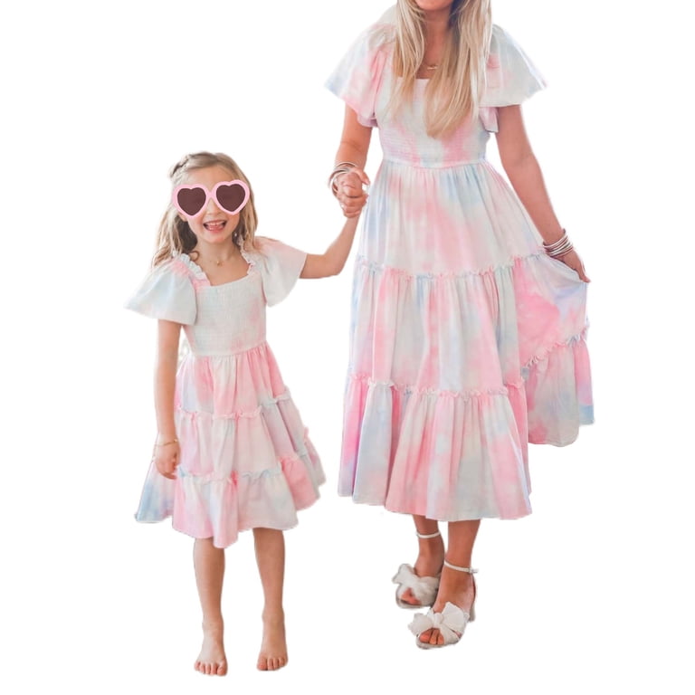 Mommy and Me Dresses Family Matching Outfits,A-line Midi Wrap Dress Beach Boho Mother Daughter Matching Outfits