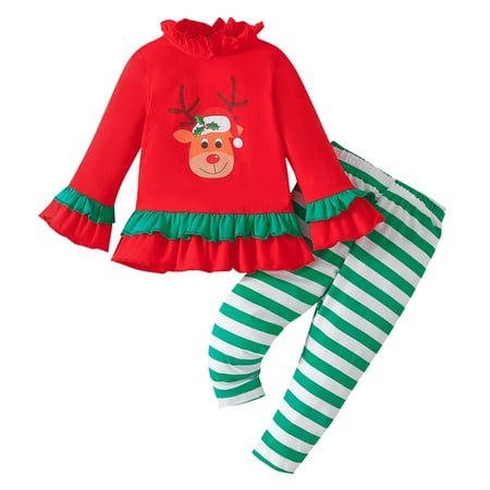 

TJAZFJPA Girls Dance Outfit Hip Hop Toddler Girls Christmas Winter Long Sleeve Cartoon Deer Prints Tops Striped Pants 2Pcs Outfits Clothes Set Baby Girl Outfit with Bow