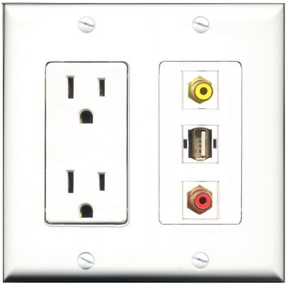 RiteAV - 15 Amp Power Outlet 1 Port RCA Red 1 Port RCA Yellow 1 Port USB A-A Decorative Wall Plate