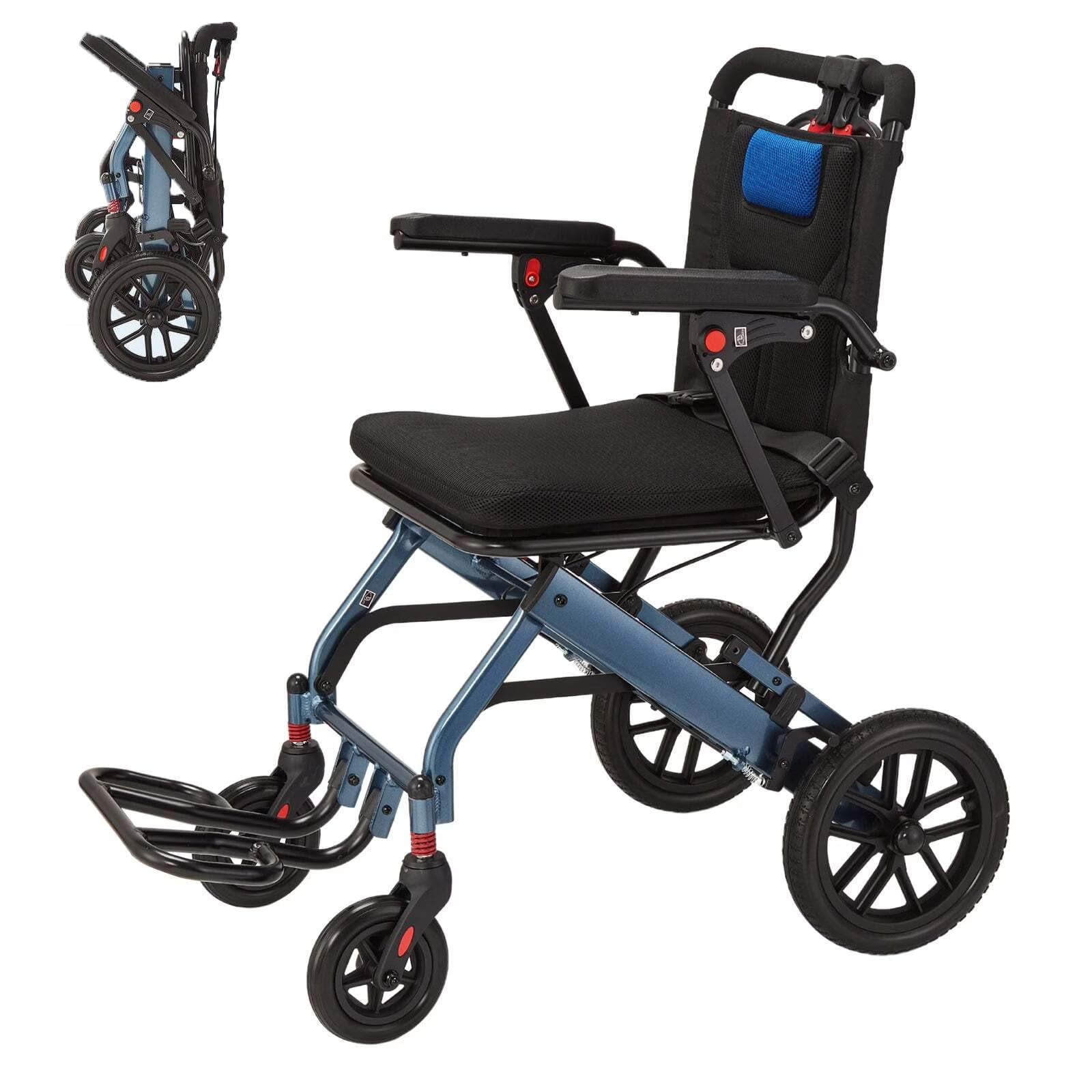 Lightweight Folding Transport Wheelchair, Aviation Aluminum Wide Frame with 16" PVC Seat – Shock-Absorbing 10" Rear Wheels & Two-Stage Brake Lock for Adults & Seniors