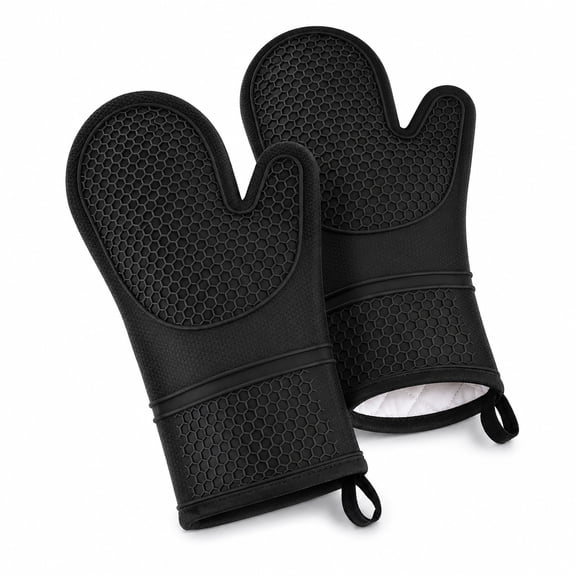 Silicone Oven Mitts, 1 Pair Black Heat Resistant Kitchen Oven Gloves with Honeycomb Non Slip Grip, Long Cuff Cotton Lined Cooking Mitts for Baking, BBQ, Microwave, Hot Pots and Pans
