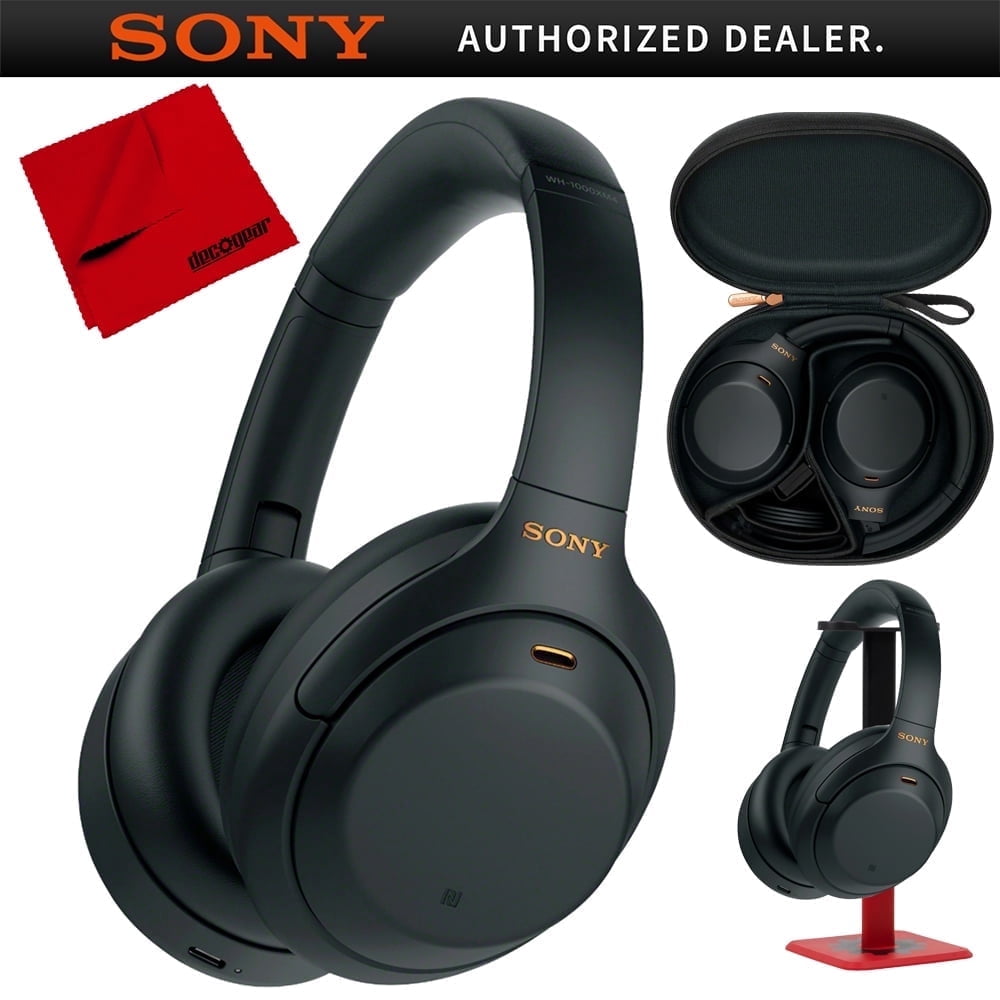 Sony WH1000XM4/B Premium Noise Cancelling Wireless Over-the-Ear Headphones Bundle with Deco Gear Pro Audio Headphone Stand - Matte Black + 6 x 6 inch Microfiber Cleaning Cloth