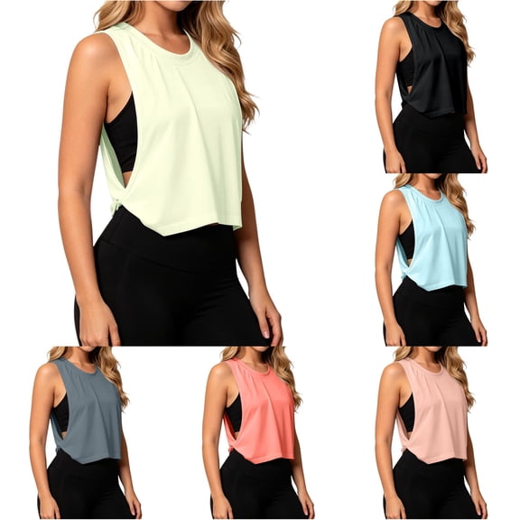CUSTG Women Solid Color Camis Sleeveless O-Neck Workout Tank Tops Sun Athletic Yoga Shirt For Fitness Running Relaxed Fit Female Summer Shirts