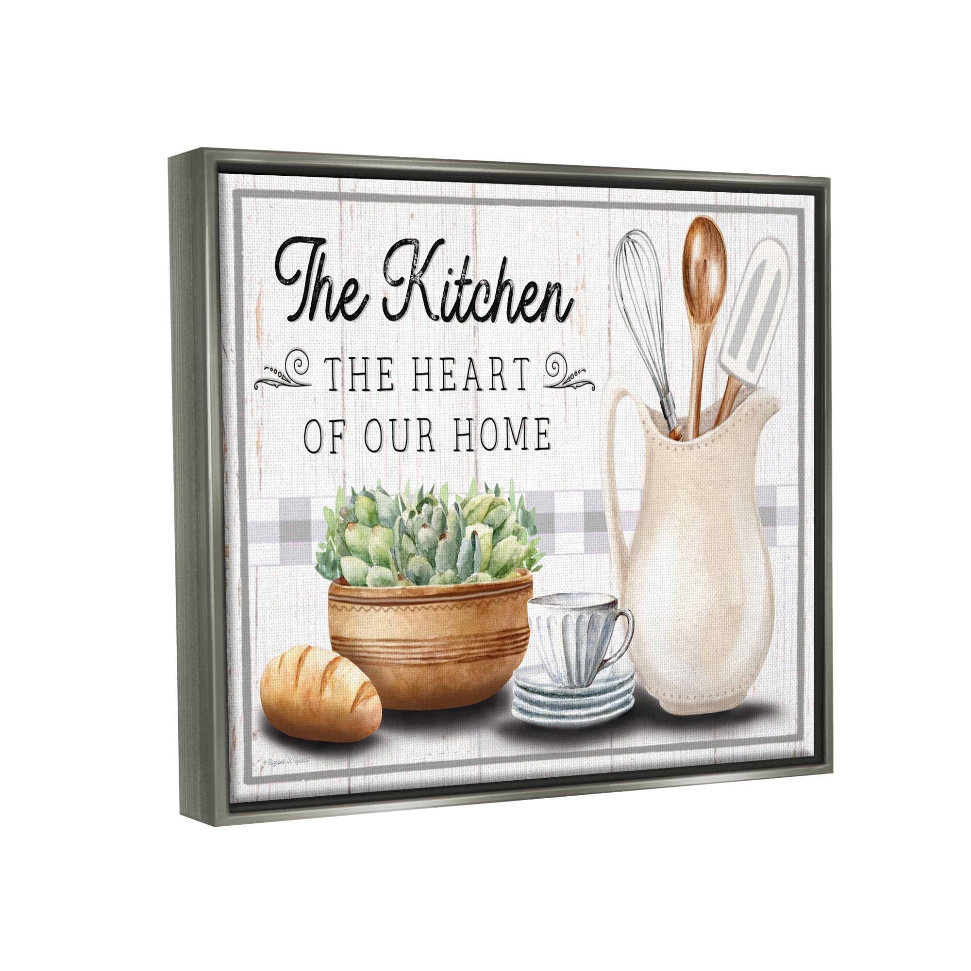 Stupell Industries Kitchen Heart of Home Food & Beverage Painting Gray Floater Framed Canvas Art Print Wall Art, 21 x 17