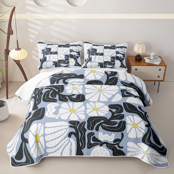 Homewish Vintage Daisy Floral Twin Quilt Set,Boho Geometric Art Twin Coverlet Set,White Blue,2pcs