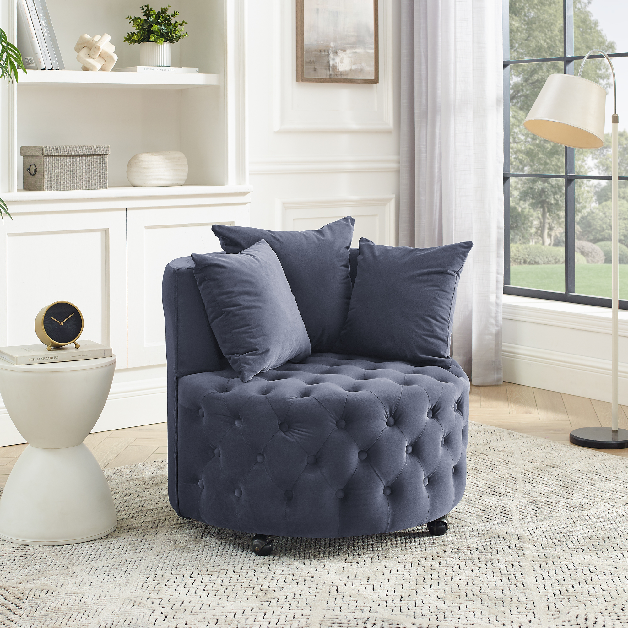 DEALTOPS Velvet Upholstered Swivel Chair for Living Room, with Button Tufted Design and Movable Wheels, Including 3 Pillows-Grey