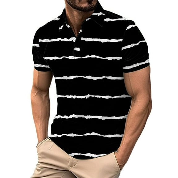 Fznquz Men's Polo Black Summer Casual Polo Stripe Performance Moisture Wicking Button Men's Shirts XL