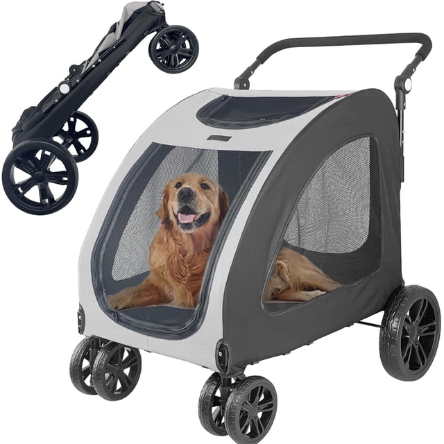 Poussette pour Grands Chiens/chats - Poussette pour Animaux Surdimensionnée et Pliable avec Poignée à Hauteur Réglable, Maille Respirante, Idéale pour les Promenades Extérieures du Golden Retriever/Labrador et les Visites chez le Vétérinaire