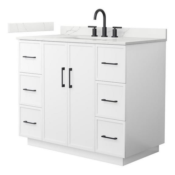 Elan TK 42" White Single Vanity & Giotto Quartz Top (3-Hole) & Black Trim