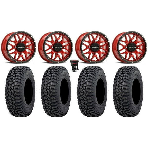 Raceline Krank 15" Wheels Red 32" Tricera Tires Can-Am Maverick X3 / Honda Pioneer 1000 / Talon