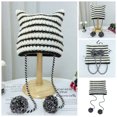 thumbnail image 6 of dianhelloya Warm hat LadyWinter Hat Knitted Striped Contrast Color Plush Ball Cat Ears Keep Warm String Soft Headwear Lady Beanie Skiing Hat Black White, 6 of 7