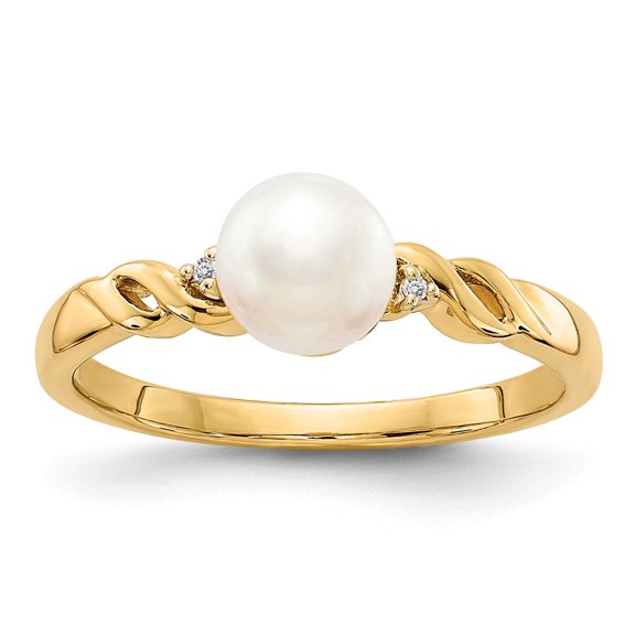 14K Yellow Gold Ring Band Pearl Diamond Round Freshwater