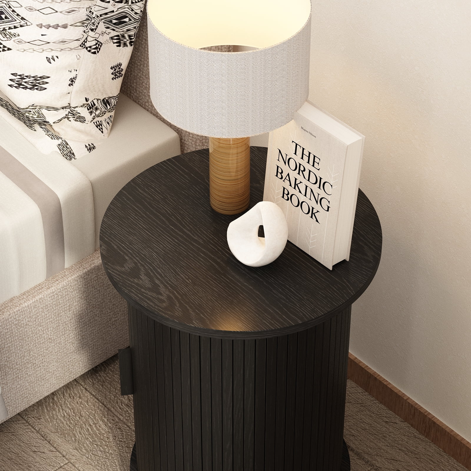 18'' Fluted Round End Tables with Sliding Door, Modern Side Table Nightstands for Living Room Bedroom, Black