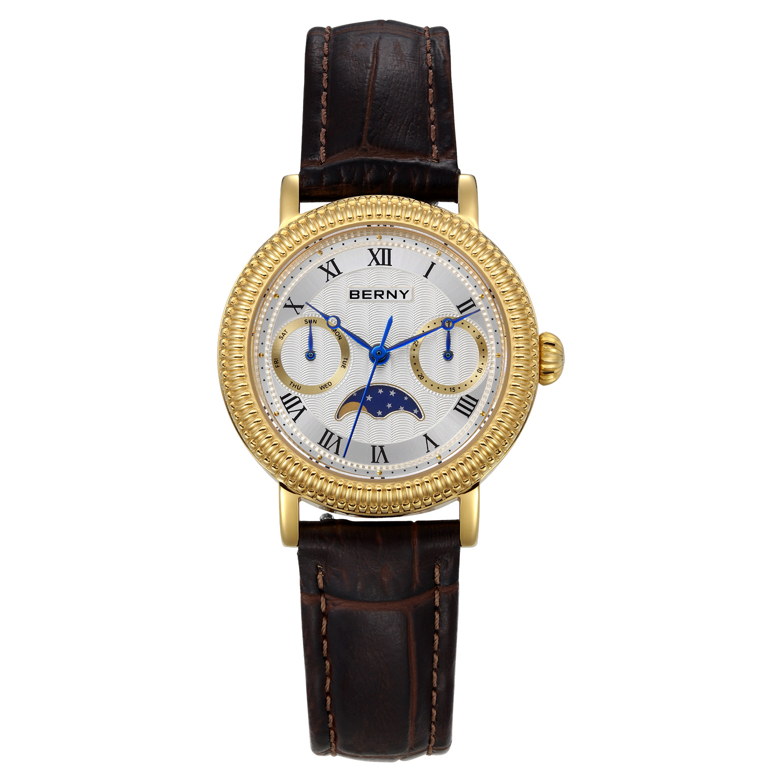 BERNY Womens Leather Watch, Vintage Roman Numerals Luxury Moon Phase Watch with Day & Date, Stainless Steel, Sapphire Crystal, Waterproof, Fashion Dress Analog Quartz Wrist Watches for Women (Gold)
