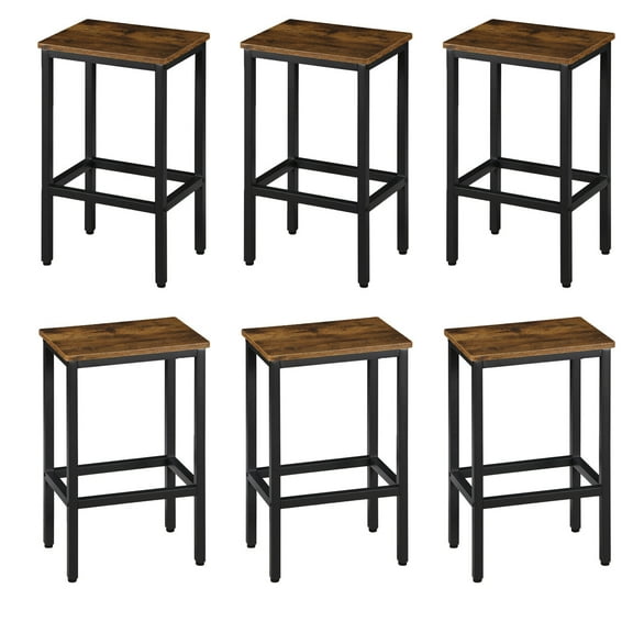 Wangbujianwang Counter Height Bar Stools Set of 6 for Kitchen, 26 Inches Industrial Backless Metal BarStools with Wood Top, Rustic Brown