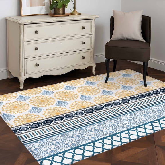 3'x5' Area Rugs, Yellow Teal Boho Indoor Outdoor Area Rug for Living Room Bedroom, Vintage Geometric Stripes Abstract Art Washable Bathroom Rugs Kitchen Floor Carpet Mats Home Decor Aesthetic