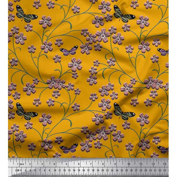 Soimoi Rayon Fabric Insect,Leaves & Flower Floral Decor Fabric Printed Yard 42 Inch Wide