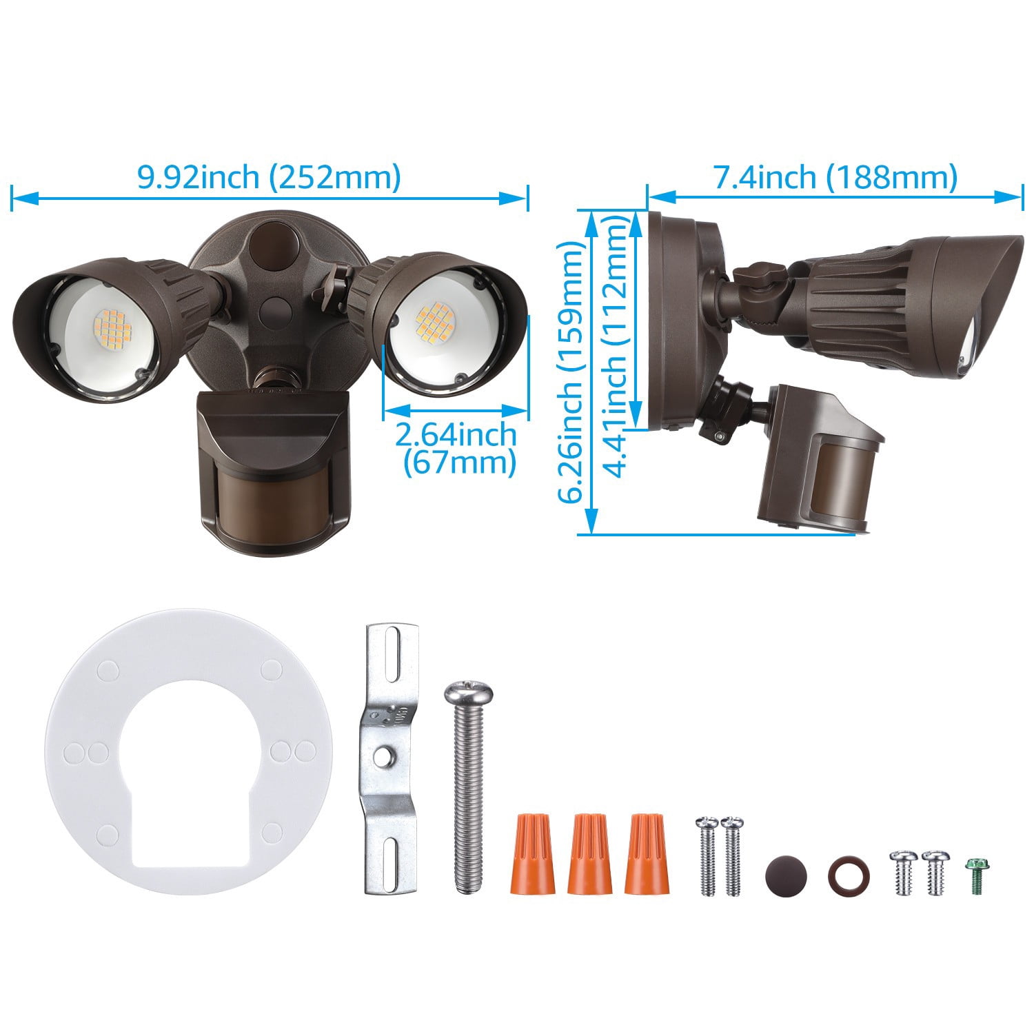 4 Pack 3CCT 2-Head Adjustable LED Security Light, Motion Sensor Flood Lights Outdoor Dusk to Dawn, 3000K/4000K/5000K Selectable, Bronze