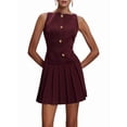 thumbnail image 3 of Women Sleeveless Business Work Office Mini Dress Sleeveless Button Formal Short Pleated Dress Wine Red M, 3 of 9