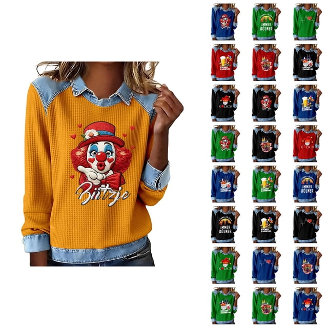 Mardi Gras Chemises à Manches Longues pour Femmes 2026 Mode Denim Patchwork Col à Revers Chandail en Molleton Graphique