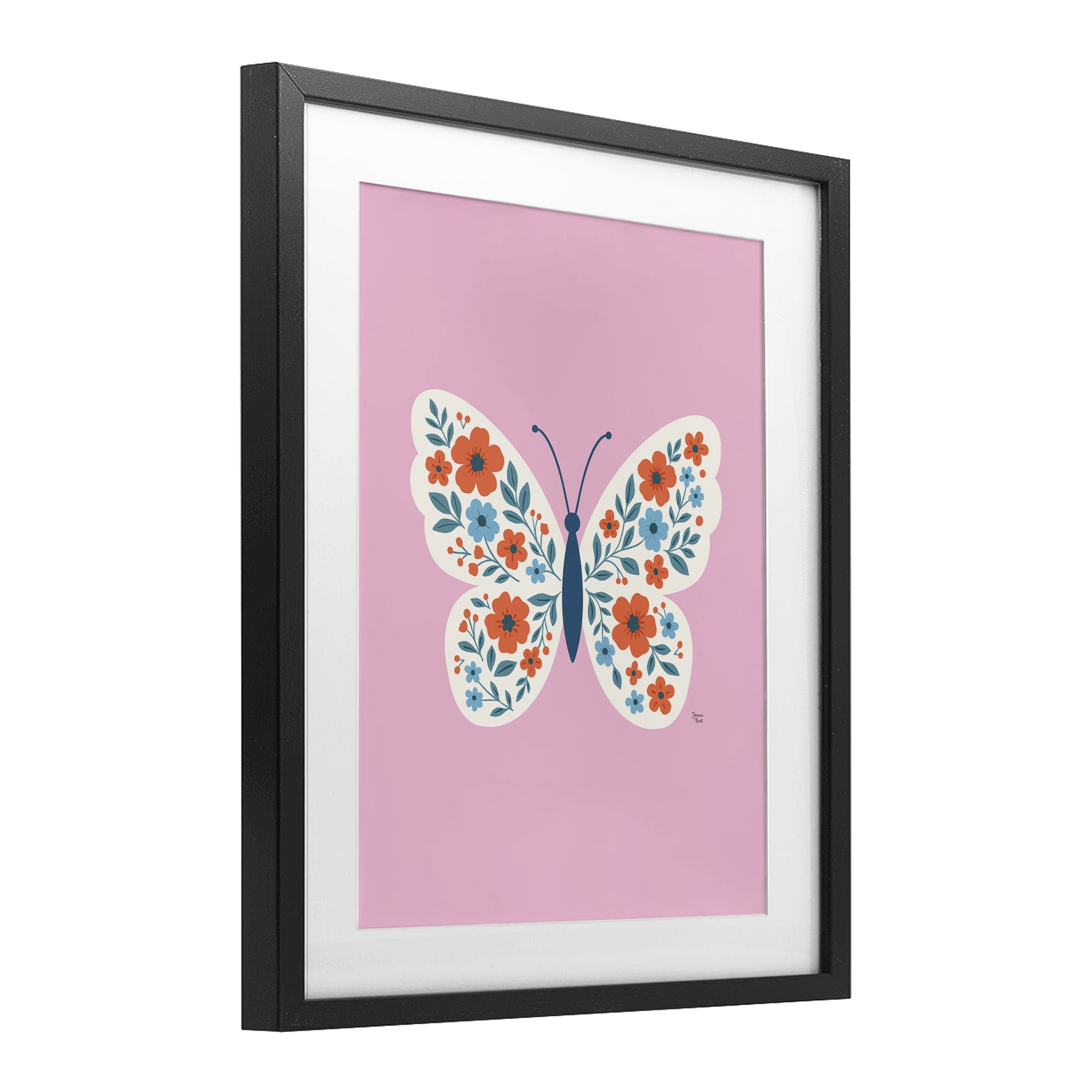 Boho Pink Floral Butterfly Black Framed Print Under Glass, design by Jessica Beck