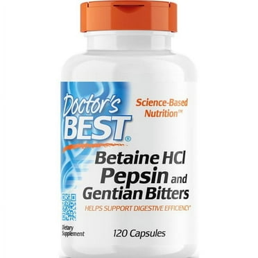 Doctor's Best Betaine HCI Pepsin and Gentian Bitters, Non-GMO, Gluten Free, Digestion Support, 120 Caps