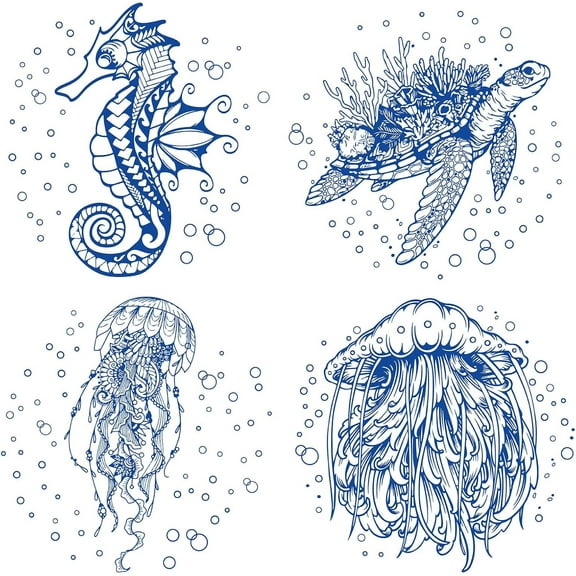 4 Styles Sea Animals Window Decals 16 * 16cm Static Glass Sticker Turtles Seahorses Jellyfish Pattern Window Clings Vinyl Film Bedroom Bathroom Decals for Prevent Birds Strikes for DIY