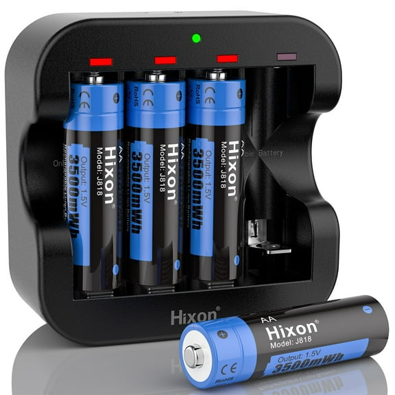 Hixon Rechargeable AA Batteries, 4-Pack 3500mWh 1.5V AA Rechargeable Lithium Batteries with 2H Fast Charger