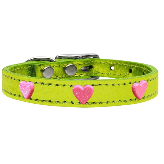 Pink Glitter Heart Widget Genuine Metallic Leather Dog Collar Lime Green 20